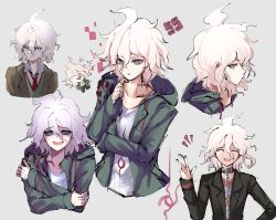 Rule 34 | 1boy, :d, absurdres, black jacket, brown jacket, chain, closed eyes, coat, collar, commentary request, crazy eyes, crossed arms, danchu (danchu0628), danganronpa (series), danganronpa 2: goodbye despair, danganronpa 3 (anime), danganronpa another episode: ultra despair girls, drooling, green coat, grey background, hand up, highres, hood, hood down, hooded coat, hope&#039;s peak academy school uniform, jacket, komaeda nagito, looking at viewer, male focus, metal collar, necktie, official alternate costume, open clothes, open jacket, open mouth, print shirt, profile, red neckwear, school uniform, servant (danganronpa), shirt, short hair, simple background, sketch, smile, sweat, teeth, upper body, upper teeth only, white shirt