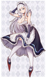 Rule 34 | 1girl, apron, argyle, argyle background, argyle clothes, arm up, artist name, azur lane, bare shoulders, belfast (azur lane), black gloves, black skirt, blush, braid, breasts, chain, cleavage, closed mouth, collar, corset, elbow gloves, french braid, frilled apron, frilled gloves, frilled skirt, frills, full body, gloves, highres, large breasts, legs apart, long hair, long skirt, looking at viewer, maid headdress, myumi, red footwear, shoes, skirt, smile, solo, standing, straight hair, thighhighs, twitter username, very long hair, waist apron, white apron, white thighhighs