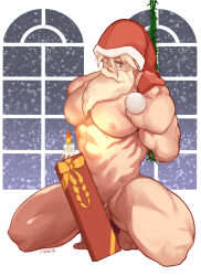 Rule 34 | 1boy, abs, arms behind back, bara, beard, box, candle on penis, christmas, completely nude, covering crotch, covering privates, erection, facial hair, fire light, full beard, gift, gift box, hat, highres, large pectorals, long beard, looking at viewer, male focus, mature male, muscular, muscular male, nakata shunpei, nipples, nude, old, old man, one eye closed, original, pectorals, penis, penis peek, red hat, santa claus, santa costume, santa hat, short hair, solo, squatting, thick beard, thick eyebrows, thick thighs, thighs