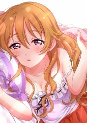 Rule 34 | 10s, 1girl, blush, breasts, brown hair, cleavage, commentary request, dutch angle, hair between eyes, half-closed eyes, highres, konoe kanata, large breasts, lens flare, light rays, long hair, looking at viewer, love live!, love live! nijigasaki high school idol club, love live! school idol festival, lying, nightgown, on side, parted lips, pillow, purple eyes, red skirt, sekina, simple background, skirt, solo, white background