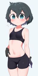 Rule 34 | 1girl, absurdres, bike shorts, black gloves, black hair, black sports bra, blue eyes, blush, breasts, chis (js60216), closed mouth, commentary, cowboy shot, flying sweatdrops, gloves, grey background, groin, hand on own hip, highres, kaban (kemono friends), kemono friends, light frown, looking at viewer, navel, short hair, simple background, small breasts, solo, sports bra, sportswear, standing, thigh gap