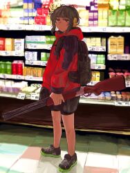 Rule 34 | 1girl, backpack, bag, bike shorts, black jacket, black shorts, blunt bangs, brown hair, closed mouth, commentary request, double-barreled shotgun, ear protection, expressionless, full body, gun, half-closed eyes, holding, holding gun, holding weapon, indoors, jacket, kuro4221, long sleeves, looking at viewer, looking to the side, messy hair, multicolored clothes, multicolored jacket, original, red eyes, red jacket, shoes, short hair, shorts, shotgun, sneakers, solo, standing, supermarket, weapon