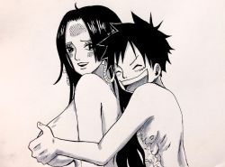 Rule 34 | 1boy, 1girl, black hair, boa hancock, grabbing another&#039;s breast, breasts, curvy, grabbing, large breasts, long hair, monkey d. luffy, nude, one piece, smile