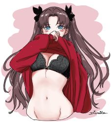Rule 34 | 1girl, absurdres, artist name, black bra, blue eyes, blush, bra, breasts, brown hair, clothes lift, covering own mouth, dismaiden, fate/stay night, fate (series), groin, hand over own mouth, highres, medium breasts, navel, shirt lift, signature, solo, tohsaka rin, twintails, underwear