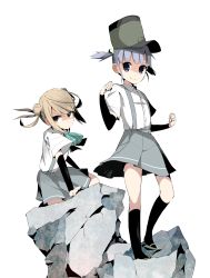 Rule 34 | 10s, 2girls, absurdres, arm warmers, black socks, blonde hair, blouse, brown eyes, clenched hands, collared shirt, double bun, female focus, frown, grey eyes, grey hair, grey skirt, hair bun, hair ornament, hat, highres, kantai collection, kneehighs, looking at viewer, michishio (kancolle), miniskirt, multiple girls, ooshio (kancolle), ooyama imo, rock, school uniform, shirt, short sleeves, short twintails, sidelocks, simple background, sitting, sitting on rock, skirt, smile, socks, standing, suspender skirt, suspenders, twintails, white background, white shirt, wind, wind lift