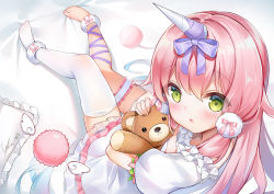 Rule 34 | 1girl, barefoot, bridal garter, character request, copyright request, dress, from behind, ginn (hzh770121), green eyes, horn ornament, horn ribbon, horns, hug, leg ribbon, long hair, looking back, hugging object, open mouth, pillow, pink hair, ribbon, single horn, single thighhigh, solo, stuffed animal, stuffed toy, teddy bear, thighhighs, virtual youtuber, white dress, white thighhighs