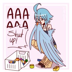 Rule 34 | 1girl, ahoge, bird legs, block (object), blue hair, blue wings, claws, commentary, cup, digitigrade, english commentary, english text, feathered wings, feathers, harpy, holding, holding cup, monster girl, monster musume no iru nichijou, papi (monster musume), pink background, short hair, shouting, silent-shanin, solo, squatting, talons, tank top, toy, two-tone background, white background, winged arms, wings, yellow eyes