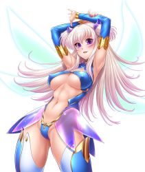 Rule 34 | 1girl, armpits, arms up, bare shoulders, blue leotard, blue thighhighs, blush, boots, breasts, breasts apart, cleavage, covered erect nipples, curvy, fairy, fairy wings, female focus, gem, green gemstone, hair between eyes, hair ornament, halterneck, happy, high heel boots, high heels, highleg, highleg leotard, highres, jewelry, large breasts, leg lift, leotard, long hair, looking at viewer, mini person, minigirl, multicolored clothes, multicolored hair, multicolored legwear, nail polish, navel, nipples, no bra, partially visible vulva, pink hair, pink nails, pointy ears, purple eyes, revealing clothes, see-through, shiny clothes, shiny skin, sidelocks, silver hair, simple background, smile, solo, taimanin (series), taimanin asagi, taimanin asagi kessen arena, taut clothes, thigh boots, thighhighs, thighs, till (taimanin asagi), underboob, white background, wings, zol