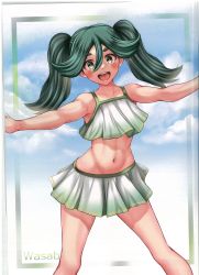 Rule 34 | 1girl, absurdres, bare arms, bare shoulders, bikini, bikini skirt, blush, breasts, cloud, collarbone, creatures (company), game freak, green eyes, green hair, highres, long hair, looking at viewer, matching hair/eyes, medium breasts, navel, nintendo, open mouth, outstretched arms, pokemon, pokemon legends: arceus, sabi (pokemon), scan, simple background, skirt, sky, smile, solo, spread arms, stomach, swimsuit, takecha, teeth, thighs, twintails