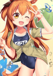 Rule 34 | 1girl, animal ears, blue background, bow, breasts, brown ribbon, clothes writing, covered navel, ear ribbon, green background, green jacket, hairband, highres, horse ears, horse girl, horse tail, horseshoe ornament, i-26 (kancolle), jacket, kantai collection, light brown hair, long hair, looking at viewer, mayano top gun (umamusume), medium breasts, multicolored background, name tag, new school swimsuit, one-piece swimsuit, one eye closed, open mouth, orange eyes, orange hair, ribbon, sailor collar, school swimsuit, short sleeves, smile, solo, swimsuit, swimsuit under clothes, tail, tri tails, two-tone hairband, two side up, umamusume, v, yasume yukito, yellow background