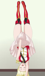 Rule 34 | 1girl, armpits, artist request, bang dream!, blonde hair, boots, breasts, closed eyes, covering crotch, covering privates, handstand, highres, holding, holding clothes, holding skirt, idol, long hair, long skirt, looking at viewer, lycoris challenge (meme), lycoris recoil, medium breasts, meme, midriff peek, one arm handstand, open mouth, parody, scene reference, skirt, skirt tug, smiley face, source request, stomach, thick thighs, thighs, tongue, tsurumaki kokoro, upside-down