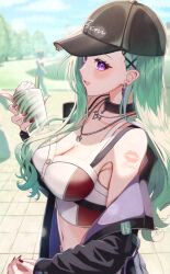 Rule 34 | 1boy, 1girl, 1other, bare shoulders, baseball cap, black collar, black hat, black jacket, blush, bra strap, braid, breasts, bustier, chest belt, cleavage, collar, crop top, cup, day, drinking straw, ear piercing, earrings, french braid, from side, green hair, hair ornament, hat, hiruno ushiro, holding, holding cup, holding hands, jacket, jewelry, large breasts, long hair, looking at viewer, midriff, mole, mole on breast, navel, necklace, open clothes, open jacket, open mouth, outdoors, pierced hat, piercing, pov, purple eyes, purple jacket, red bustier, red nails, shoulder tattoo, smile, solo focus, stomach, tattoo, triangle earrings, two-sided fabric, two-sided jacket, very long hair, virtual youtuber, vspo!, white bustier, x hair ornament, yakumo beni, yakumo beni (4th costume)