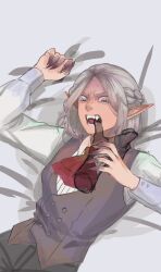 Rule 34 | 1boy, anger vein, angry, chieeemw, claws, disembodied hand, dungeon meshi, elf, fangs, fangs out, finger in another&#039;s mouth, frown, glaring, grey eyes, grey hair, half up braid, highres, horizontal pupils, long sleeves, lying, male focus, medium hair, mithrun, mithrun (young), on back, open mouth, pointy ears, shaded face, shirt, solo, symbol-shaped pupils, vampire, vest, wavy hair, white shirt