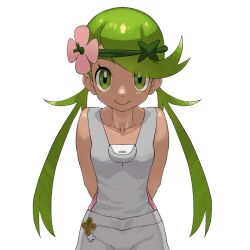 Rule 34 | 1girl, arms behind back, closed mouth, commentary request, creatures (company), dark-skinned female, dark skin, flower, game freak, green eyes, green hair, green headband, grey overalls, headband, long hair, looking at viewer, mallow (pokemon), nintendo, overalls, pink flower, pink shirt, pokemon, pokemon sm, shirt, simple background, smile, solo, swept bangs, twintails, white background, yachi (fujiyasu0616)