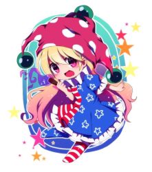 Rule 34 | 1girl, :d, american flag dress, bad id, bad twitter id, blonde hair, blush, chibi, clownpiece, dress, fairy wings, frilled dress, frills, full body, hat, jester cap, long hair, looking at viewer, neck ruff, open mouth, pantyhose, pink eyes, polka dot, print pantyhose, puffy short sleeves, puffy sleeves, short sleeves, smile, solo, star (symbol), star print, striped clothes, striped pantyhose, torch, touhou, very long hair, wings, you (noanoamoemoe)