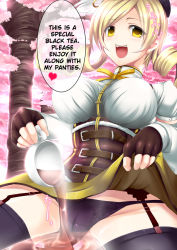Rule 34 | 10s, blonde hair, breasts, cameltoe, cherry blossoms, cup, drill hair, fingerless gloves, garter belt, gloves, hard-translated, hat, mahou shoujo madoka magica, murasame nohito, panties, sexually suggestive, tea, teacup, thighhighs, third-party edit, tomoe mami, translated, twin drills, underwear, wakamezake, yellow eyes
