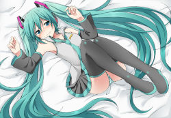 Rule 34 | 1girl, absurdly long hair, aqua eyes, aqua hair, armpits, bare shoulders, black skirt, blush, boots, collarbone, detached sleeves, hatsune miku, headphones, legs up, long hair, looking at viewer, necktie, nose blush, panties, pantyshot, pleated skirt, skirt, solo, striped clothes, striped panties, sudachi (calendar), thigh boots, thighhighs, underwear, very long hair, vocaloid, wavy mouth