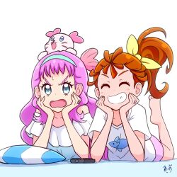 Rule 34 | 2girls, animal, animal on head, animal print, artist name, barefoot, bed sheet, blue hairband, blue shirt, casual, commentary, controller, elbow rest, facing viewer, fish print, frown, grin, hair ribbon, hairband, head rest, highres, jewelry, kururun (precure), laura la mer, legs up, long hair, looking at viewer, loungewear, medium hair, multiple girls, natsuumi manatsu, off-shoulder shirt, off shoulder, on bed, on head, open mouth, pillow, pink shorts, precure, print shirt, remote control, ribbon, ring, shirt, shorts, side-by-side, side ponytail, signature, simple background, smile, sweatdrop, t-shirt, tropical-rouge! precure, v-shaped eyebrows, white background, white shirt, yellow ribbon, zerolay