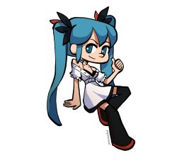 Rule 34 | 1girl, black bow, black bra, black footwear, blue eyes, blue hair, boots, bow, bra, breasts, closed mouth, dress, frilled sleeves, frills, full body, hair bow, hatsune miku, highres, leaning back, long hair, looking at viewer, medium bangs, off-shoulder dress, off shoulder, paperisfood, project diva, project diva (series), short sleeves, small breasts, smile, solo, thigh boots, thumbs up, transparent background, twintails, underwear, v-shaped eyebrows, very long hair, vocaloid, white dress, world is mine (vocaloid)
