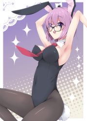 Rule 34 | 1girl, :d, animal ears, armpits, arms up, bare shoulders, between breasts, black-framed eyewear, black leotard, blush, breasts, brown pantyhose, collar, commentary request, covered navel, detached collar, eyes visible through hair, fake animal ears, fate/grand order, fate (series), glasses, hair between eyes, hair over one eye, halftone, halftone background, large breasts, leotard, mash kyrielight, milkpanda, necktie, necktie between breasts, open mouth, pantyhose, playboy bunny, purple eyes, purple hair, rabbit ears, rabbit girl, rabbit tail, red necktie, smile, solo, sparkle, strapless, strapless leotard, tail, teeth, upper teeth only, white collar, wrist cuffs