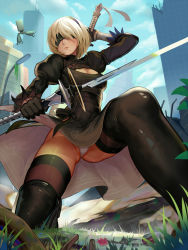 Rule 34 | 1girl, absurdres, black dress, black thighhighs, blindfold, blonde hair, boots, breasts, cleavage, cleavage cutout, clothing cutout, day, dress, dual wielding, hairband, highres, holding, holding sword, holding weapon, juliet sleeves, katana, kneeling, leotard, leotard under clothes, long sleeves, nier (series), nier:automata, pod (nier:automata), puffy sleeves, short hair, sonikey0 0, sword, thigh boots, thighhighs, two-sided fabric, two-sided skirt, weapon, white leotard, 2b (nier:automata)