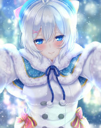 Rule 34 | .live, 1girl, animal hat, antenna hair, aru gunsou, backlighting, bad id, bad pixiv id, beanie, blue capelet, blue eyes, blue hat, blurry, blurry foreground, blush, breasts, buttons, capelet, closed mouth, coat, dennou shoujo siro, depth of field, double-breasted, fur-trimmed capelet, fur collar, fur trim, hair ornament, hat, highres, lips, looking at viewer, medium breasts, motion blur, outstretched arms, pom pom (clothes), ribbon, silver hair, smile, snowflake print, snowing, solo, striped ribbon, upper body, virtual youtuber, white coat, winter clothes, x hair ornament