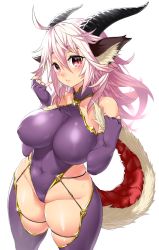 Rule 34 | 1girl, blush, breasts, choker, commentary request, covered erect nipples, covered navel, cowboy shot, curvy, dragon girl, dragon horns, dragon tail, elbow gloves, fingerless gloves, gloves, gold trim, groin, highres, horns, large breasts, leotard, light purple hair, long hair, looking at viewer, monster girl, onsoku inu, original, plump, purple eyes, scales, simple background, skindentation, slit pupils, smile, solo, standing, string, tail, thick thighs, thighhighs, thighs, white background