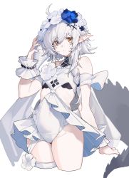 Rule 34 | 1girl, ahoge, arknights, armband, blue flower, braid, chinese commentary, commentary request, covered navel, cowboy shot, crocodilian tail, cropped legs, flat chest, flower, flower wreath, groin, hair ornament, highleg, highleg swimsuit, highres, holding, long hair, looking at viewer, official alternate costume, one-piece swimsuit, pointy ears, seashell, shell, shijiuqaq, simple background, solo, standing, swimsuit, tail, thigh strap, thighs, tomimi (arknights), tomimi (silent night) (arknights), waist cutout, white background, white flower, white hair, white one-piece swimsuit, white wrist cuffs, wrist cuffs, x hair ornament, yellow eyes