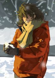Rule 34 | 1boy, alternate costume, black gloves, brown hair, closed eyes, cowboy shot, gloves, grin, highres, holding, holding snowball, isoi reiji, jacket, long sleeves, male focus, medium hair, outdoors, qiqiqiqi498, red jacket, saibou shinkyoku, scarf, smile, snow, snowball, solo, winter, winter clothes, yellow scarf