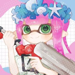 Rule 34 | 1girl, closed mouth, commentary, e-liter 4k (splatoon), flower wreath, green eyes, grid background, gun, head wreath, heart, heart in eye, holding, holding gun, holding weapon, inkling, inkling girl, inkling player character, long hair, looking at viewer, multicolored background, nintendo, pink hair, pointy ears, ruriiro3939, smile, solo, sparkle, splatoon (series), splatoon 3, star (symbol), symbol-only commentary, symbol in eye, tentacle hair, upper body, weapon