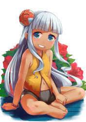 Rule 34 | 1girl, barefoot, bike shorts, blue eyes, blue hair, blunt bangs, bracelet, butterfly sitting, fang, feet, feet together, gigokku, grin, hair ornament, highres, jewelry, knees apart feet together, long hair, matching hair/eyes, navel, oshiro project:re, sitting, smile, solo, tan, toes, urasoe (oshiro project)