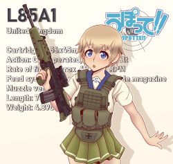 Rule 34 | 1girl, absurdres, assault rifle, blonde hair, blue eyes, blush, bullpup, carbine, character name, chest rig, copyright name, cowboy shot, gun, hair between eyes, highres, l85, l85a1 (upotte!!), machine gun, rifle, sa80, school uniform, serafuku, short hair, solo, squad automatic weapon, upotte!!, weapon, willy pete
