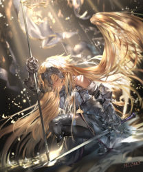 Rule 34 | 1girl, arm up, armor, armored dress, azomo, black thighhighs, blonde hair, closed eyes, closed mouth, commentary request, dress, dutch angle, fate/grand order, fate (series), french commentary, from side, fur-trimmed legwear, fur trim, gauntlets, grey dress, hair wings, headpiece, highres, holding, jeanne d&#039;arc (fate), jeanne d&#039;arc (ruler) (fate), jeanne d&#039;arc (third ascension) (fate), long hair, on one knee, profile, revision, signature, solo, thighhighs, very long hair, wings