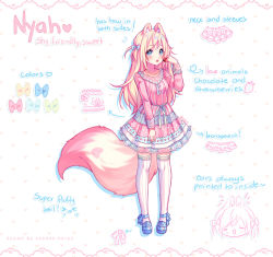 Rule 34 | 1girl, animal ear fluff, animal ears, blonde hair, blue eyes, blue footwear, bow, character name, character sheet, chocolate, chocolate covered, dress, food, fox ears, fox tail, frilled dress, frills, fruit, hair bow, hyanna-natsu, long hair, long sleeves, original, pink dress, shoes, strawberry, tail, thighhighs, zettai ryouiki