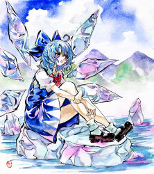 Rule 34 | 1girl, ankle socks, blue eyes, blue hair, blush, bow, cirno, cloud, color ink (medium), commentary, dress, hair bow, highres, holding own arm, ice, ice wings, kabaji, lake, mary janes, mountain, open mouth, outdoors, shikishi, shoes, short hair, signature, sitting, sky, socks, solo, touhou, traditional media, water, wings