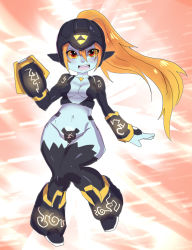 Rule 34 | 1girl, arm cannon, breasts, capcom, colored sclera, crotch plate, helmet, long hair, maniacpaint, mega man (series), mega man x (series), midna, nintendo, orange hair, parody, ponytail, red eyes, solo, the legend of zelda, the legend of zelda: twilight princess, triforce, weapon, wide hips, yellow sclera