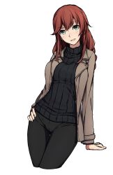 Rule 34 | 10s, 1girl, :d, arm support, brown hair, casual, coat, cropped legs, green eyes, hand on own hip, head tilt, highres, kantai collection, long hair, nagioka, noshiro (kancolle), open clothes, open coat, open mouth, pants, ribbed sweater, simple background, smile, solo, sweater, thigh gap, turtleneck, white background