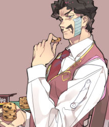 Rule 34 | 1boy, black hair, box, chair, chewing, cookie, crumbs, daniel j. d&#039;arby, eating, facial hair, facial mark, food, holding, holding food, jojo no kimyou na bouken, male focus, mustache, necktie, purple eyes, simple background, solo, tattoo, toujou sakana, vest
