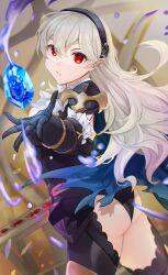 Rule 34 | 1girl, armor, ass, black hairband, black panties, black thighhighs, blue cape, breasts, cape, cleavage, corrin (female) (fire emblem), corrin (fire emblem), dragonstone, fire emblem, fire emblem fates, fire emblem heroes, hair ornament, hairband, highres, holding, holding sword, holding weapon, large breasts, long hair, looking at viewer, looking to the side, nintendo, official alternate costume, outstretched arm, panties, pointy ears, reaching, reaching towards viewer, red eyes, sakura no yoru, simple background, solo, sword, thighhighs, underwear, weapon, white hair, yato (fire emblem)