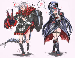 Rule 34 | 2girls, admiral graf spee (azur lane), azur lane, black hair, blue eyes, boots, breasts, cross, cross-laced footwear, deutschland (azur lane), fins, fish tail, goggles, goggles on headwear, hat, heart, hey taisyou, highres, iron cross, lace-up boots, long hair, mechanical hands, multicolored hair, multiple girls, red hair, shark tail, short hair, streaked hair, tail, thigh strap, underboob, white hair
