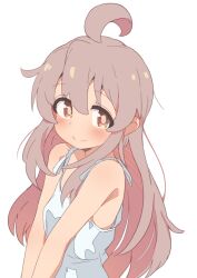 Rule 34 | 1girl, ahoge, blush, brown eyes, colored inner hair, commentary, dress, grey hair, hair between eyes, hatafuta, long hair, looking at viewer, multicolored hair, onii-chan wa oshimai!, oyama mahiro, pink hair, simple background, sleeveless, sleeveless dress, smile, solo, split mouth, two-tone hair, upper body, v arms, white background, white dress