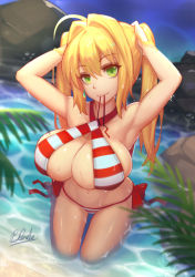 Rule 34 | 1girl, ahoge, arms up, bare shoulders, bikini, blonde hair, blush, breasts, cleavage, closed mouth, collarbone, fate/extra, fate/grand order, fate (series), green eyes, hair between eyes, hair intakes, halterneck, hands on own head, kneeling, large breasts, long hair, looking at viewer, mouth hold, navel, nero claudius (fate), nero claudius (fate) (all), nero claudius (swimsuit caster) (fate), qblade, red bikini, side-tie bikini bottom, smile, solo, striped bikini, striped clothes, swimsuit, thighs, twintails