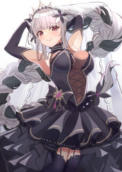 Rule 34 | 1girl, absurdres, alfou (wixoss), arms up, black dress, black garter straps, black gloves, black thighhighs, blunt bangs, blush, braid, braided ponytail, breasts, closed mouth, commentary request, covered navel, cowboy shot, crazy smile, cross-laced clothes, cross-laced dress, dress, elbow gloves, flower, frilled dress, frills, garter straps, gloves, grey hair, hair flower, hair ornament, high-low skirt, highres, large breasts, long hair, looking at viewer, multicolored hair, oekaki zombie, plunging neckline, red eyes, see-through midriff, short dress, sidelocks, single braid, smile, solo, streaked hair, thighhighs, tiara, veil, very long hair, white veil, wixoss