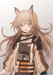 Rule 34 | 1girl, animal ears, arknights, black wristband, blush, brown coat, brown hair, ceobe (arknights), coat, dog ears, dotted background, fang, fuco, grey background, infection monitor (arknights), long hair, long sleeves, looking at viewer, open mouth, red eyes, simple background, solo, upper body