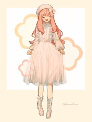 Rule 34 | 1girl, absurdres, aged up, anya (spy x family), beret, boots, closed eyes, dress, ducartoon, full body, hat, highres, long hair, long sleeves, open mouth, pink hair, solo, spy x family, white dress