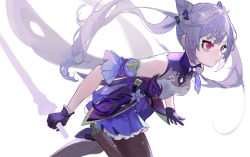 Rule 34 | 1girl, bare shoulders, bow, breasts, closed mouth, commentary request, cone hair bun, double bun, duplicate, earrings, flower, frills, genshin impact, gloves, hair between eyes, hair bow, hair bun, highres, holding, holding weapon, jewelry, keqing (genshin impact), long hair, looking away, pantyhose, pleated skirt, purple hair, red eyes, running, simple background, skirt, sleeveless, solo, twintails, u tnmn, weapon, white background