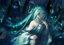 Rule 34 | 1girl, absurdres, bell, blue eyes, blurry, blurry background, bubble, forest, green hair, hand up, heraymos (pfsoz), highres, holding, holding bell, long hair, nature, night, outdoors, pixiv fantasia, pixiv fantasia scepter of zeraldia, qingshui lingxia (dr-ice), solo, standing, very long hair, wide sleeves