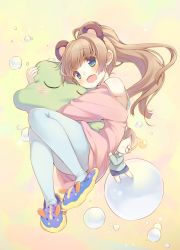 Rule 34 | 1girl, animal ears, aqua pantyhose, bare shoulders, bear ears, blue eyes, blush, brown hair, doll, fang, long hair, looking at viewer, open mouth, original, pantyhose, ponytail, slippers, smile, solo, stuffed toy, white pantyhose, yamucha