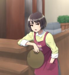 Rule 34 | 10s, 1girl, :o, bad id, bad pixiv id, blurry, blurry background, brown hair, cash register, counter, countertop, grazie loggins, hand in pocket, holding, holding tray, indoors, looking at viewer, mole, mole under eye, plant, potted plant, sakura quest, short hair, solo, standing, suzuki erika, tray