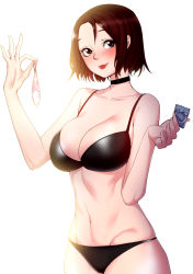 Rule 34 | 1girl, :p, absurdres, akchu, bare arms, bare shoulders, black bra, black neckwear, black panties, blush, bra, breasts, brown eyes, brown hair, choker, cleavage, collarbone, condom, cowboy shot, eyelashes, fingernails, groin, hands up, highres, holding, holding condom, large breasts, long fingernails, looking at viewer, navel, nose blush, original, panties, short hair, simple background, smile, solo, standing, stomach, tongue, tongue out, underwear, underwear only, used condom, white background